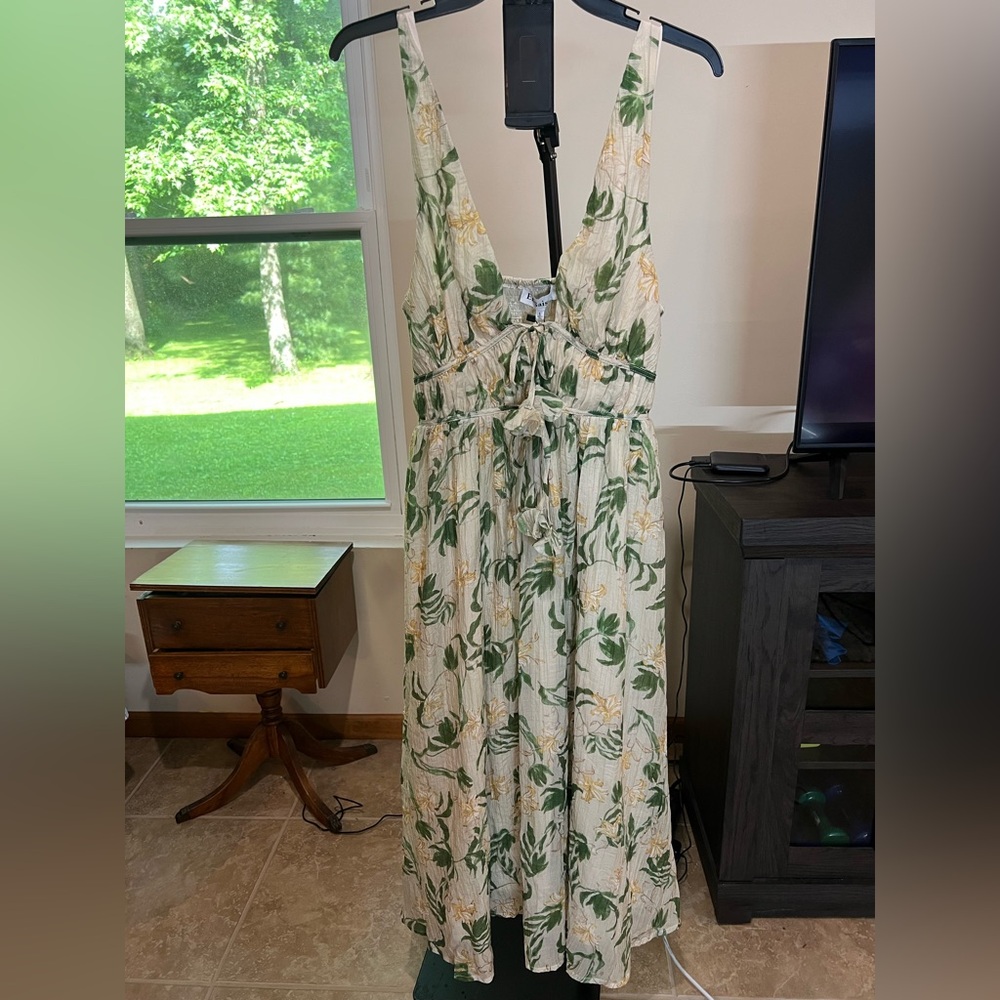 En Saison Cream Midi Dress with Green and Yellow Botanical Print 2276